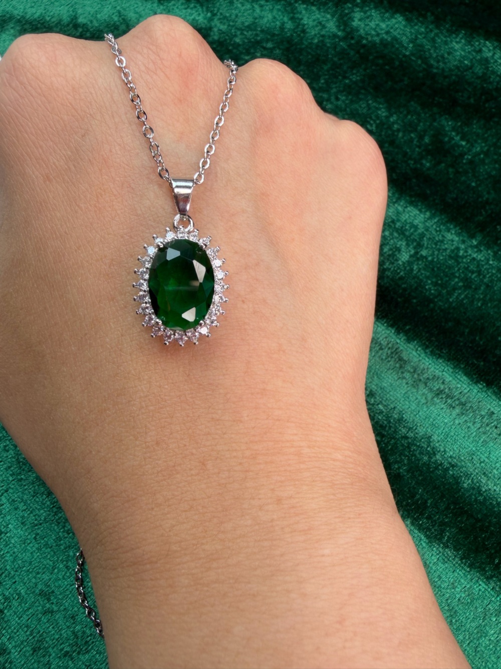 14K Gold Plated Emerald Green Halo Pendant Necklace - Women Jewelry